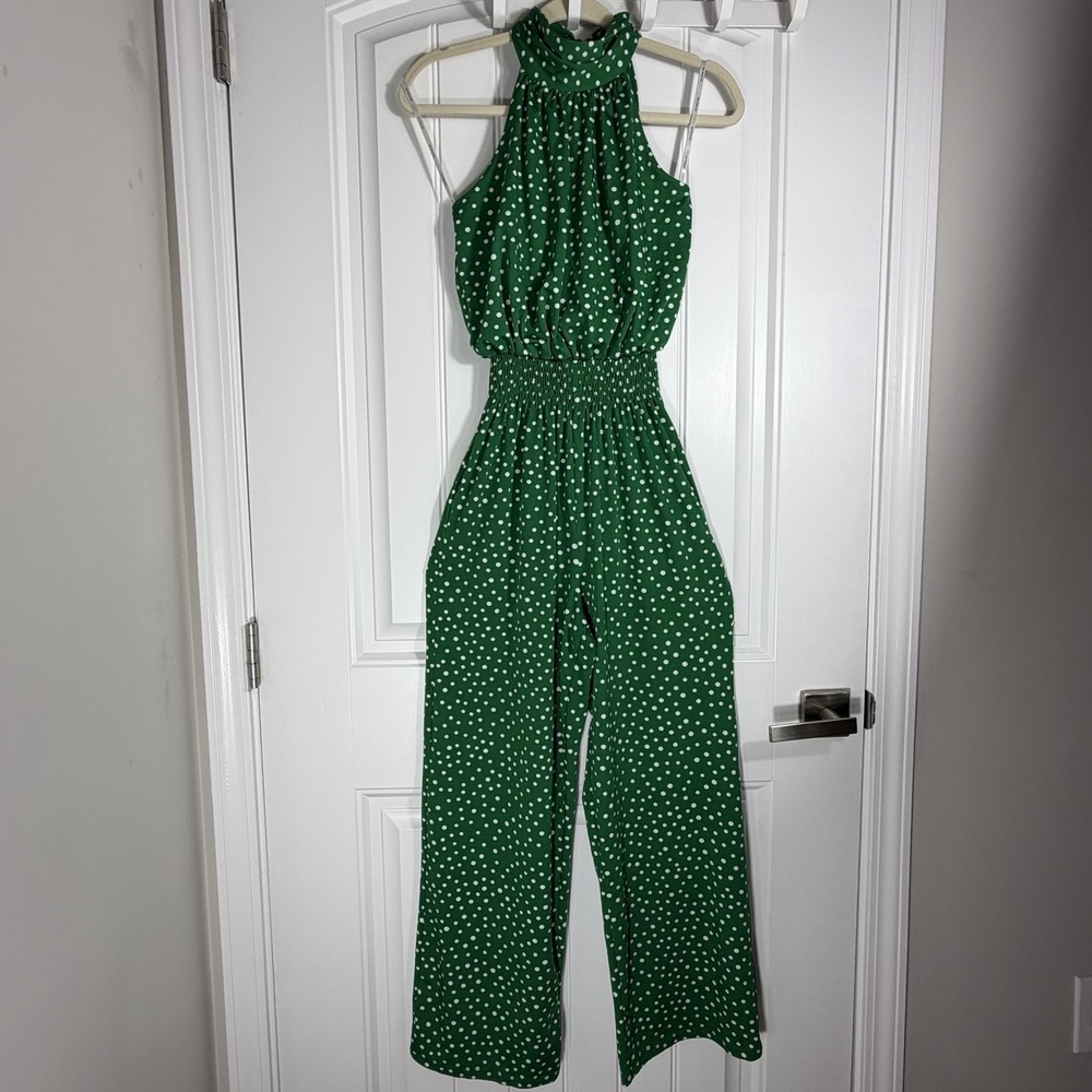 Enfocus Studio Women's Size 6 Green White Polka Dot Gathered High Neck Jumpsuit